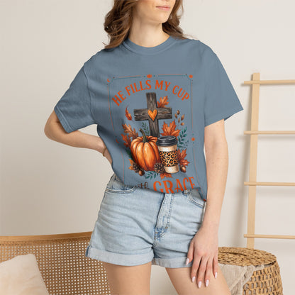 He Fills My Cup With Grace Tee — Christian Fall Pumpkin Cross Coffee Shirt