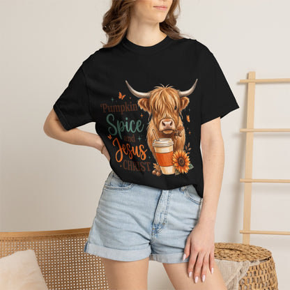 Pumpkin Spice and Jesus T-Shirt — Fall Cow Coffee Graphic Tee