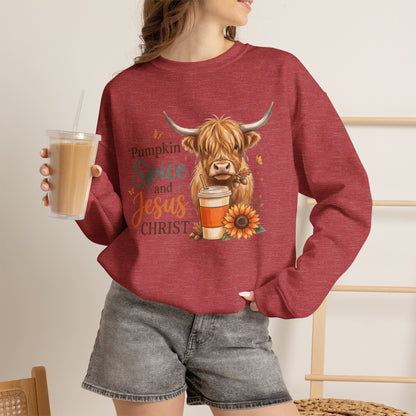 Crewneck Sweatshirt — Pumpkin Spice and Jesus Christ Highland Cow Fall Graphic