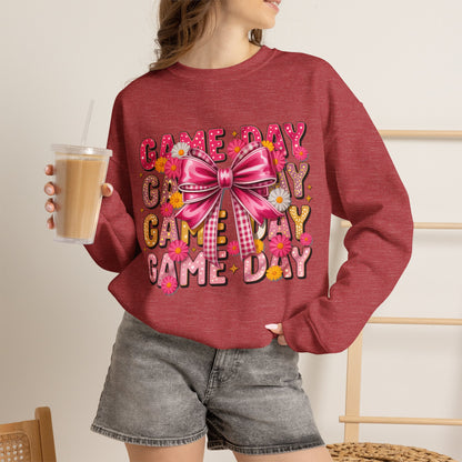Game Day Bow Sweatshirt — Pink Cheer Graphic Crewneck