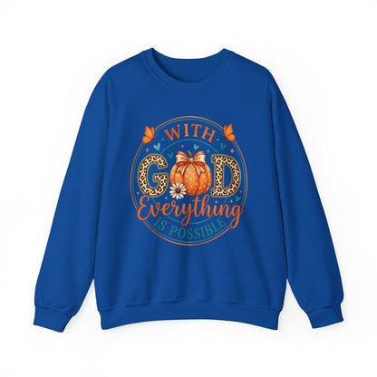 Christian Fall Sweatshirt - "With God Everything Is Possible" Pumpkin Crewneck