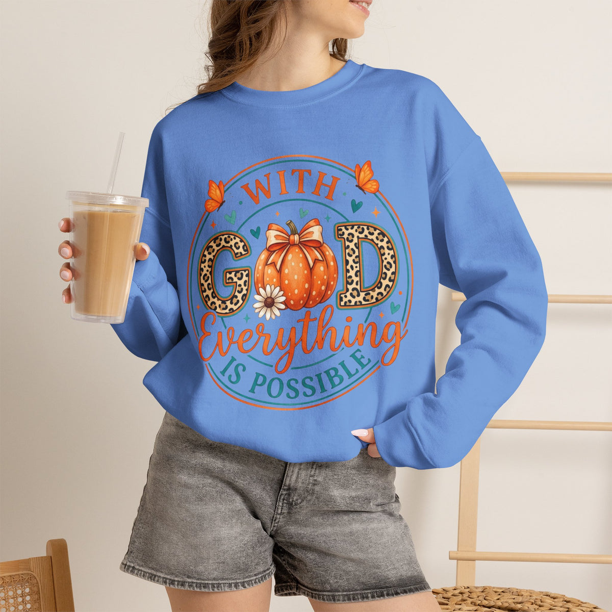Christian Fall Sweatshirt - "With God Everything Is Possible" Pumpkin Crewneck