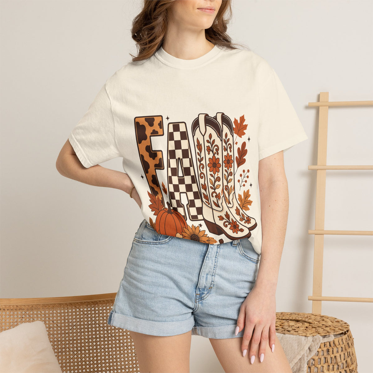 Fall Cowboy Boots T-Shirt — Pumpkin, Leaves & Floral Autumn Graphic Tee