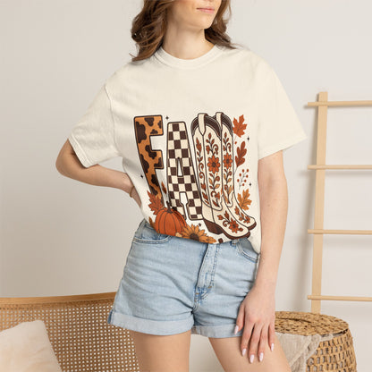 Fall Cowboy Boots T-Shirt — Pumpkin, Leaves & Floral Autumn Graphic Tee