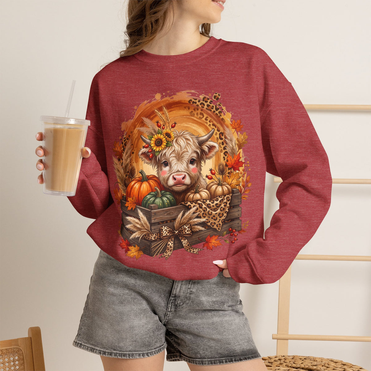 Fall Cow Crewneck Sweatshirt — Autumn Harvest Pumpkins & Sunflower Graphic