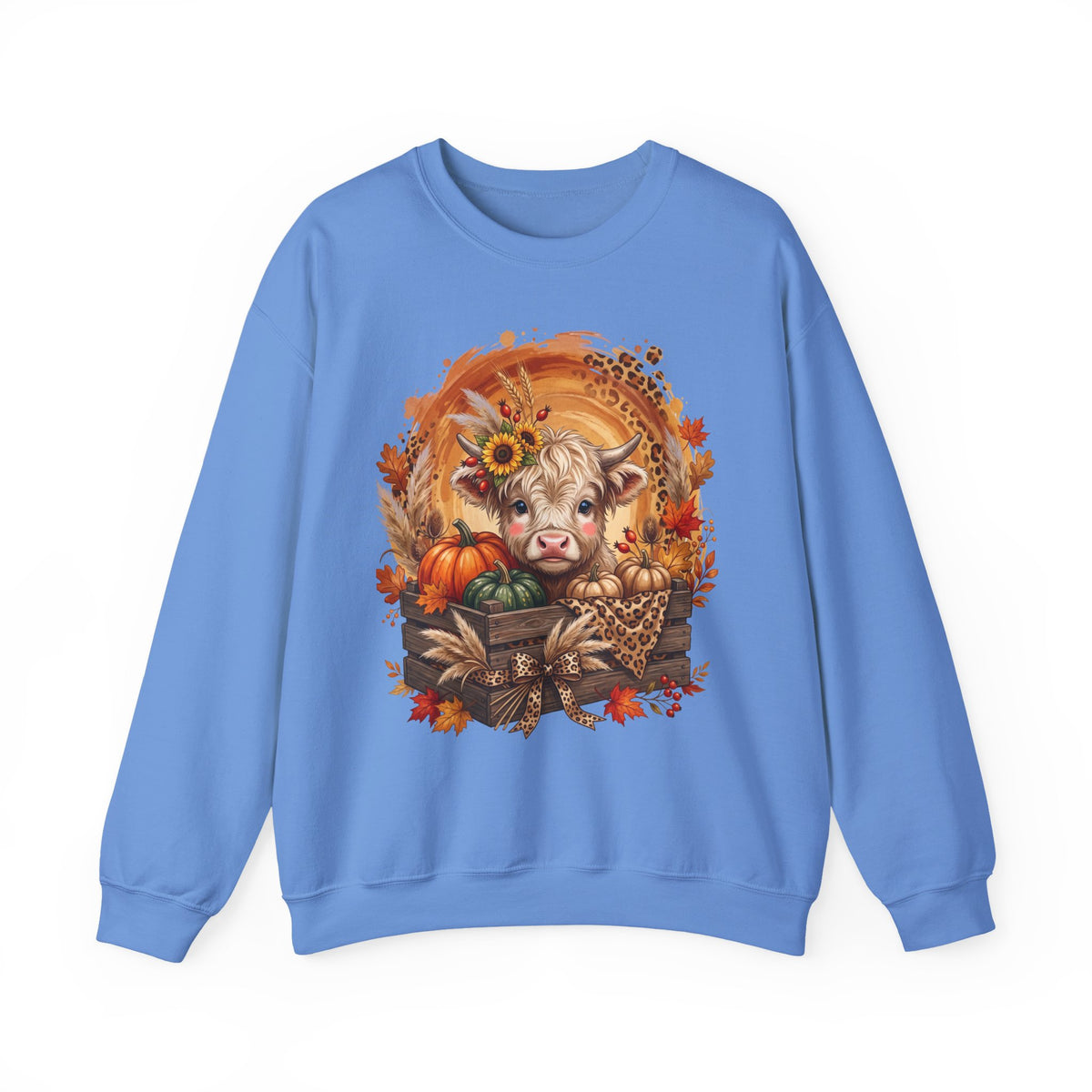 Fall Cow Crewneck Sweatshirt — Autumn Harvest Pumpkins & Sunflower Graphic