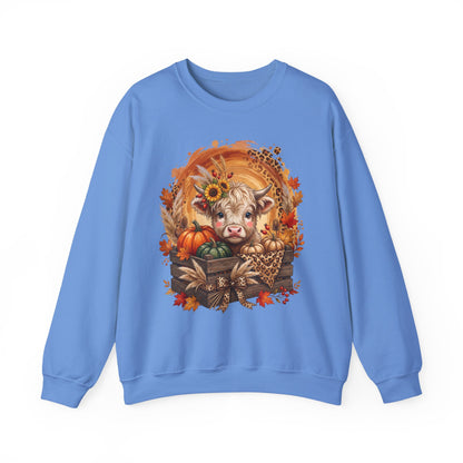 Fall Cow Crewneck Sweatshirt — Autumn Harvest Pumpkins & Sunflower Graphic