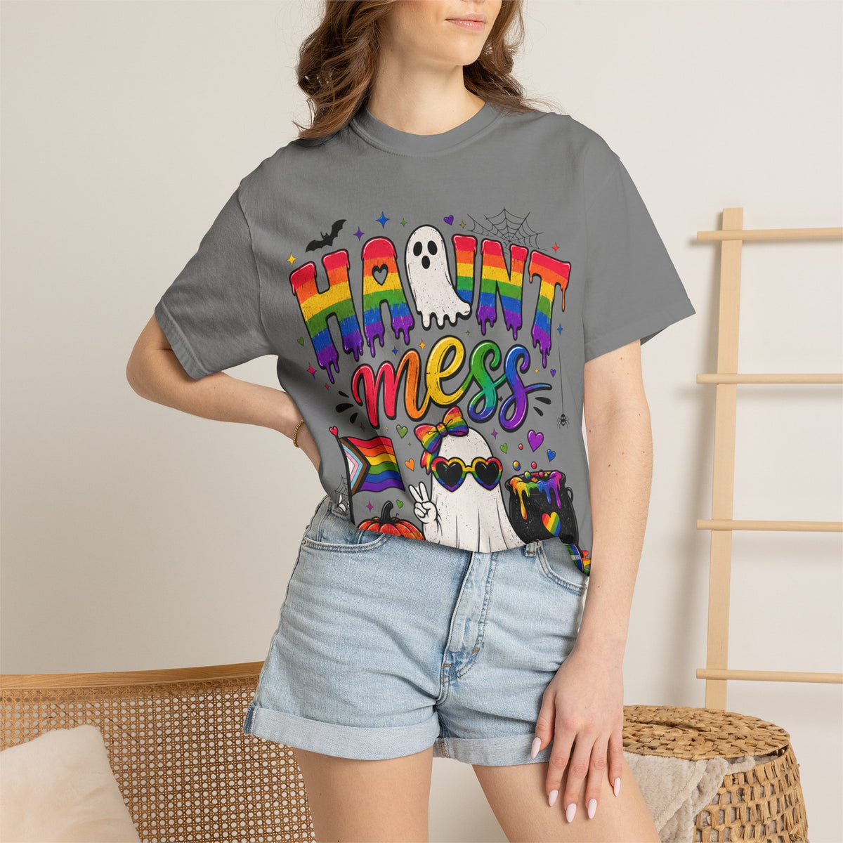Haunt Mess Pride Halloween T-Shirt — Rainbow Ghost Graphic Tee