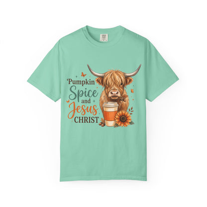 Pumpkin Spice and Jesus T-Shirt — Fall Cow Coffee Graphic Tee