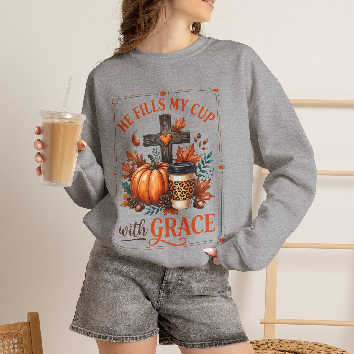 Grace-Filled Autumn Sweatshirt — "He Fills My Cup with Grace" Fall Christian Crewneck