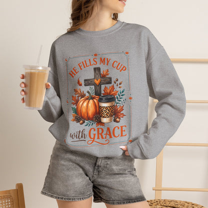 Grace-Filled Autumn Sweatshirt — "He Fills My Cup with Grace" Fall Christian Crewneck