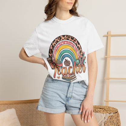 Teacher Rainbow Leopard Graphic T-Shirt — Cute Back-to-School Gift for Educators