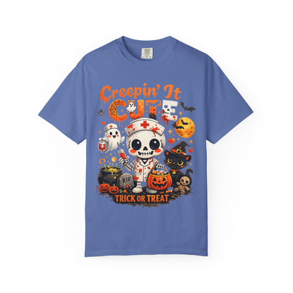 Creepin' It Cute Halloween T-Shirt — Trick or Treat Skeleton & Black Cat Tee