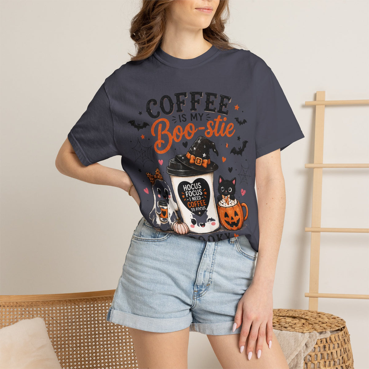 Coffee Is My Boo-stie Halloween Tee — Spooky But Caffeinated Cat & Pumpkin Design