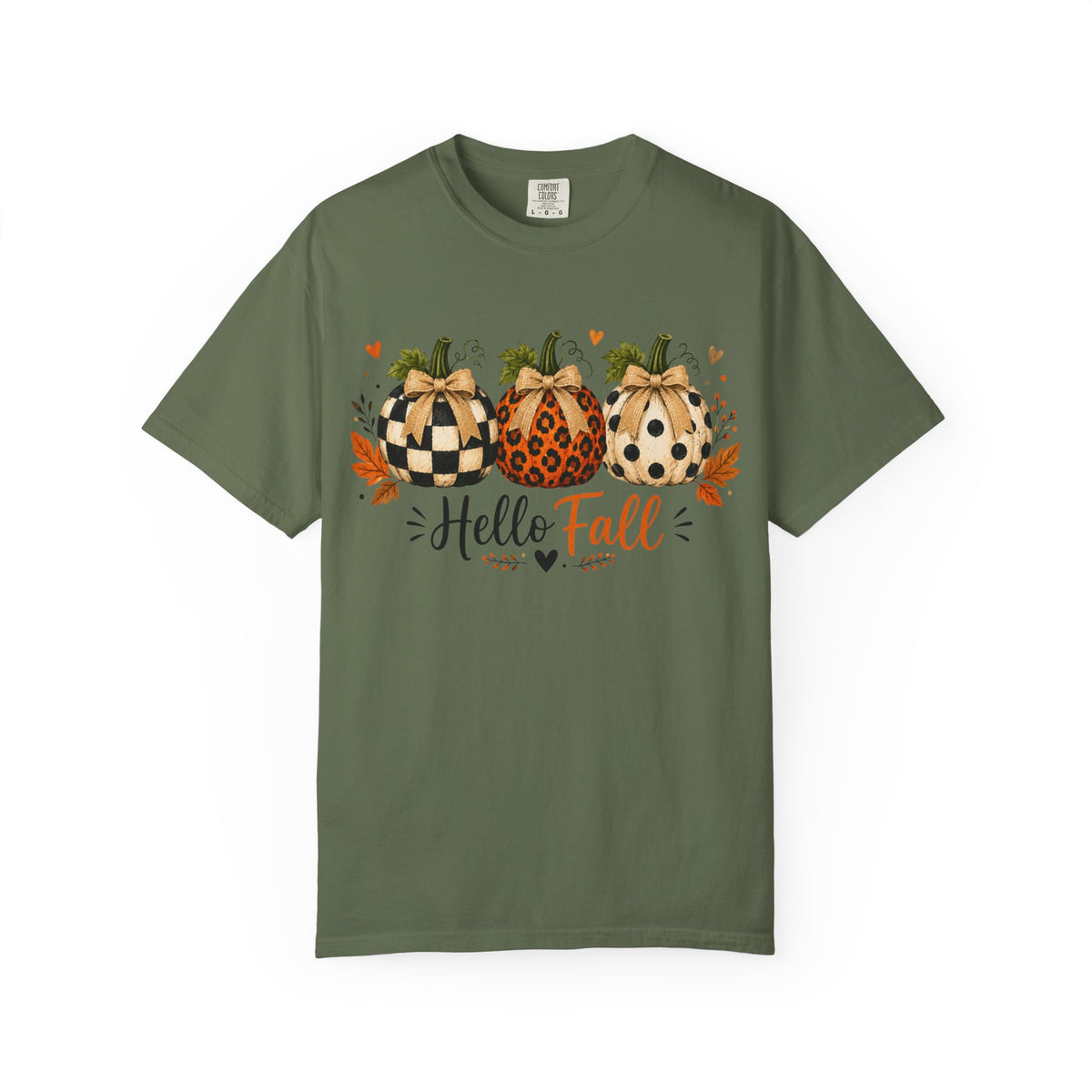 Hello Fall Pumpkin T-Shirt — Rustic Buffalo Check & Leopard Pumpkins, Autumn Graphic Tee