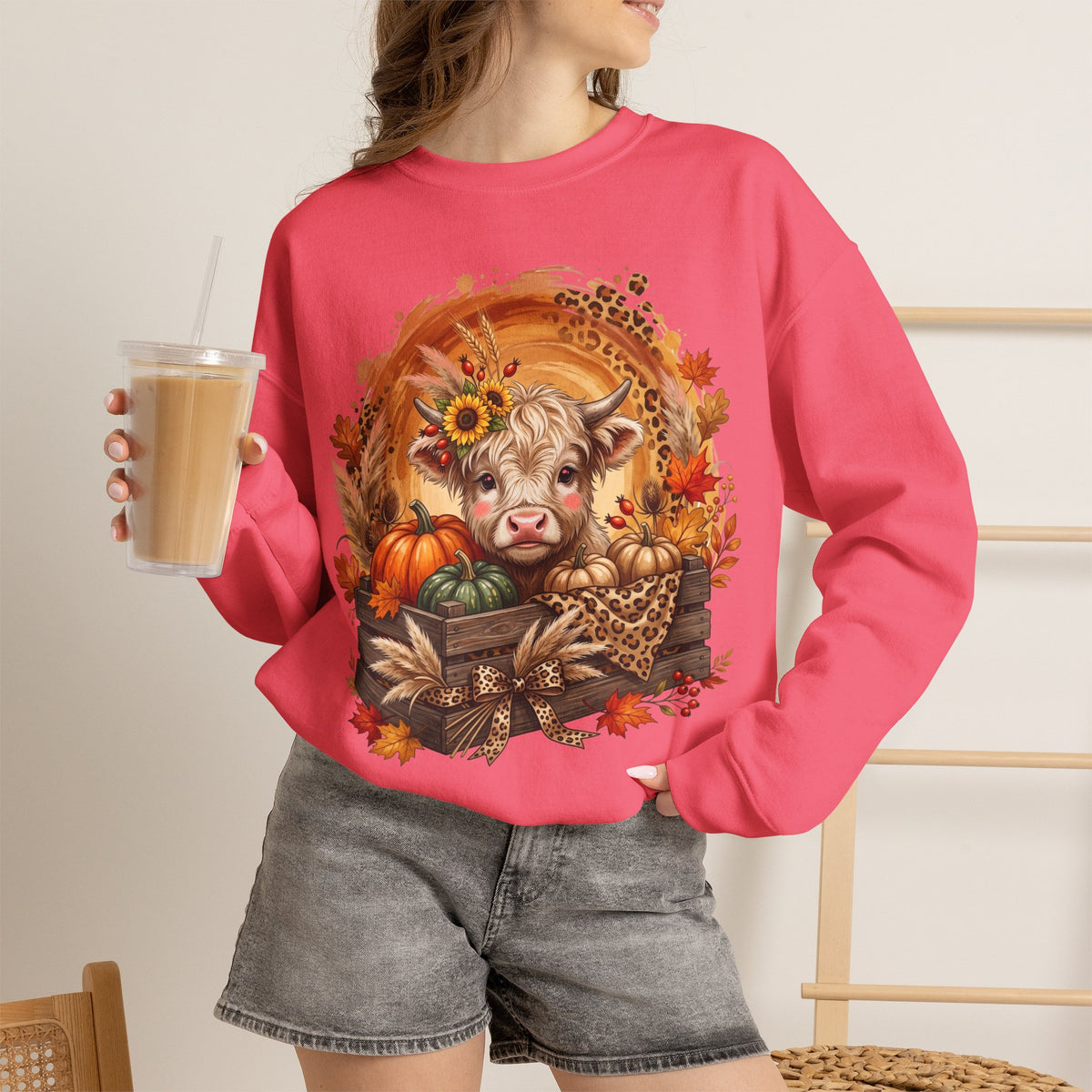 Fall Cow Crewneck Sweatshirt — Autumn Harvest Pumpkins & Sunflower Graphic