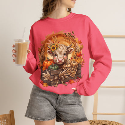 Fall Cow Crewneck Sweatshirt — Autumn Harvest Pumpkins & Sunflower Graphic