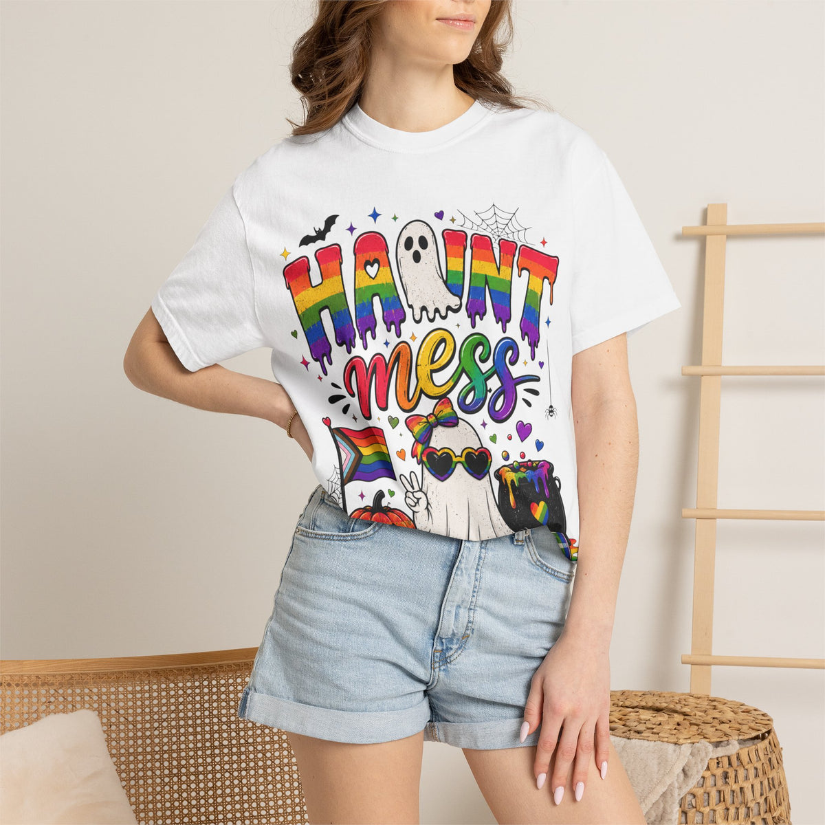 Haunt Mess Pride Halloween T-Shirt — Rainbow Ghost Graphic Tee