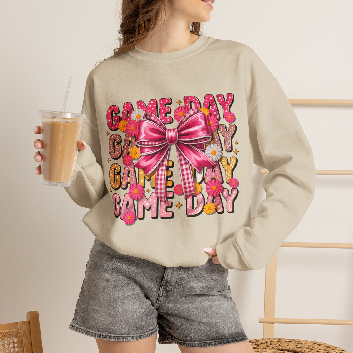 Game Day Bow Sweatshirt — Pink Cheer Graphic Crewneck