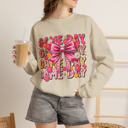 Game Day Bow Sweatshirt — Pink Cheer Graphic Crewneck
