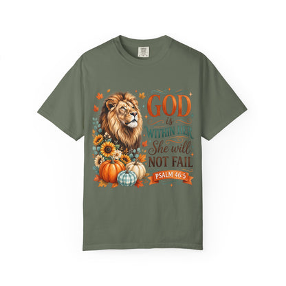 Christian Lion & Fall Pumpkins T-Shirt — "God Is Within Her She Will Not Fail" (Psalm 46:5)