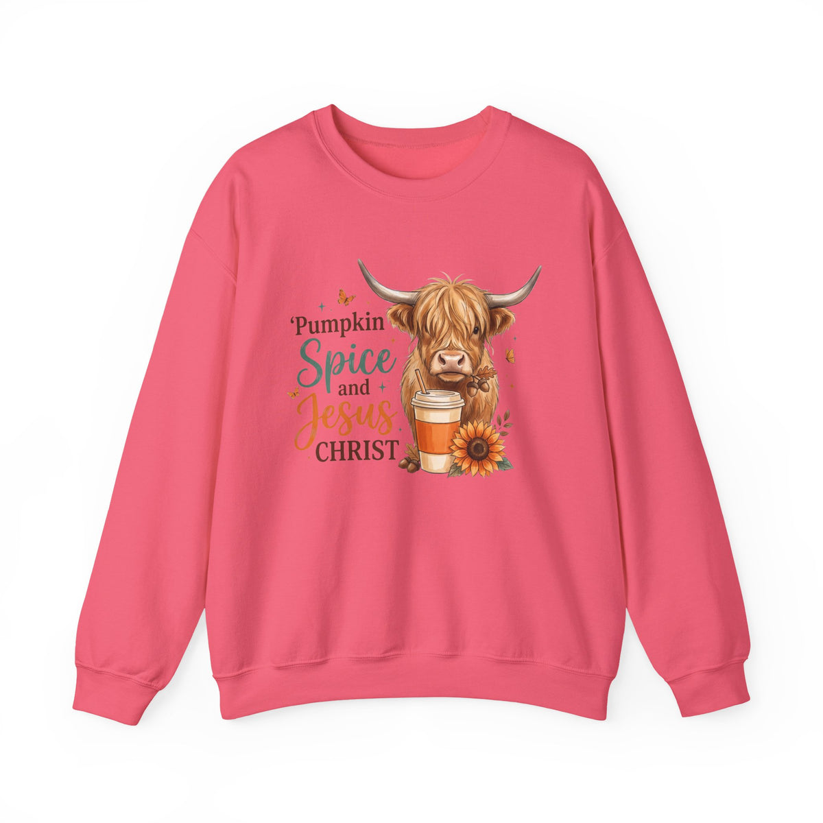 Crewneck Sweatshirt — Pumpkin Spice and Jesus Christ Highland Cow Fall Graphic