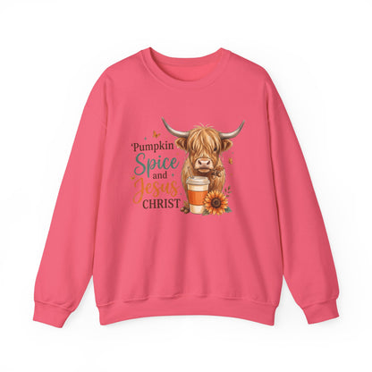 Crewneck Sweatshirt — Pumpkin Spice and Jesus Christ Highland Cow Fall Graphic