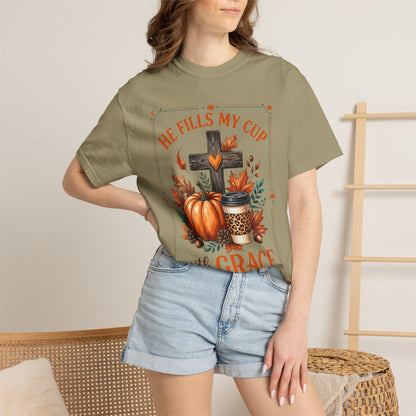He Fills My Cup With Grace Tee — Christian Fall Pumpkin Cross Coffee Shirt