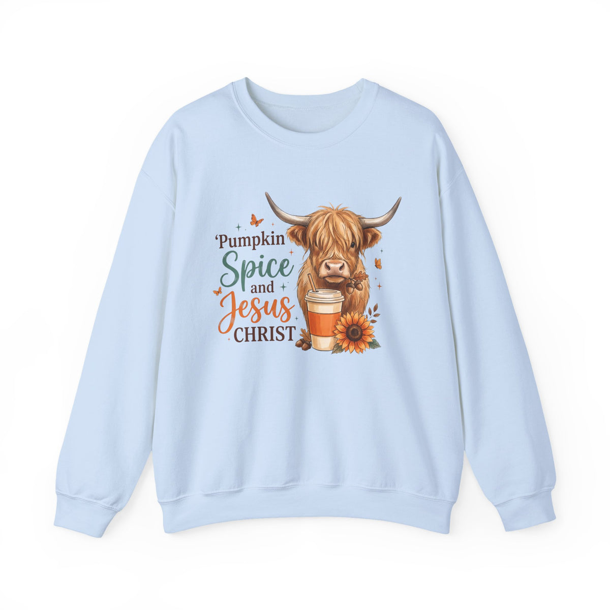 Crewneck Sweatshirt — Pumpkin Spice and Jesus Christ Highland Cow Fall Graphic
