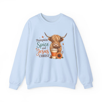 Crewneck Sweatshirt — Pumpkin Spice and Jesus Christ Highland Cow Fall Graphic