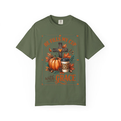 He Fills My Cup With Grace Tee — Christian Fall Pumpkin Cross Coffee Shirt