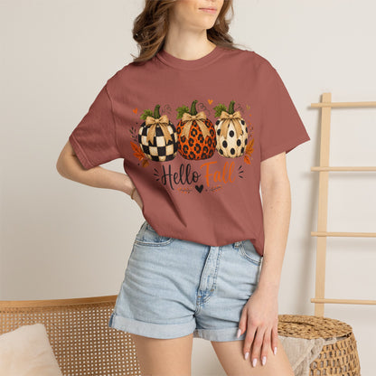 Hello Fall Pumpkin T-Shirt — Rustic Buffalo Check & Leopard Pumpkins, Autumn Graphic Tee