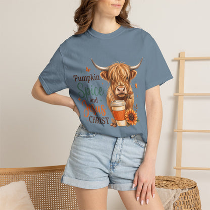 Pumpkin Spice and Jesus T-Shirt — Fall Cow Coffee Graphic Tee