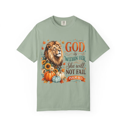 Christian Lion & Fall Pumpkins T-Shirt — "God Is Within Her She Will Not Fail" (Psalm 46:5)