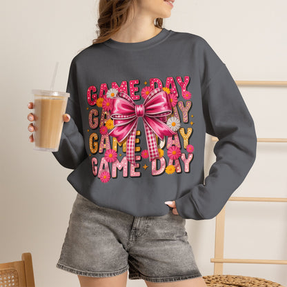 Game Day Bow Sweatshirt — Pink Cheer Graphic Crewneck