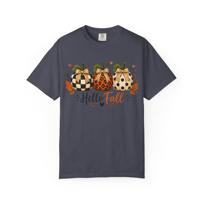 Hello Fall Pumpkin T-Shirt — Rustic Buffalo Check & Leopard Pumpkins, Autumn Graphic Tee