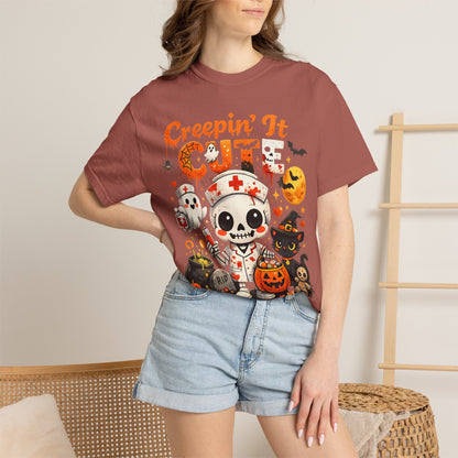 Creepin' It Cute Halloween T-Shirt — Trick or Treat Skeleton & Black Cat Tee