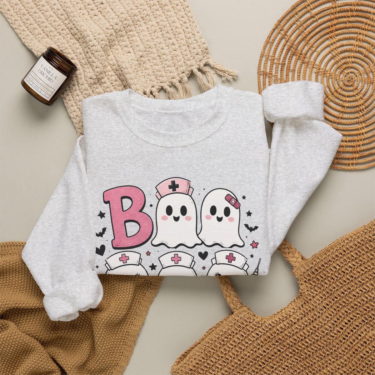 Boo Crew Sweatshirt — Cute Pink Ghost Nurse Halloween Crewneck
