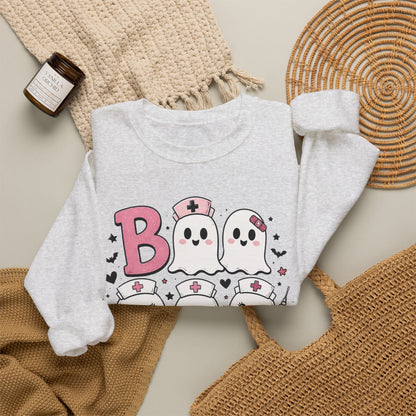 Boo Crew Sweatshirt — Cute Pink Ghost Nurse Halloween Crewneck