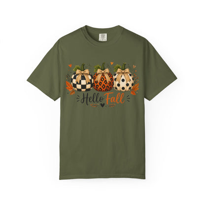 Hello Fall Pumpkin T-Shirt — Rustic Buffalo Check & Leopard Pumpkins, Autumn Graphic Tee