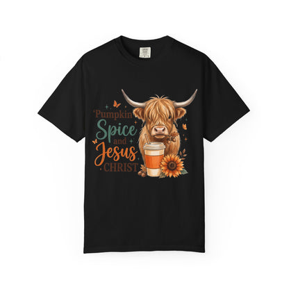 Pumpkin Spice and Jesus T-Shirt — Fall Cow Coffee Graphic Tee