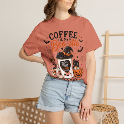 Coffee Is My Boo-stie Halloween Tee — Spooky But Caffeinated Cat & Pumpkin Design