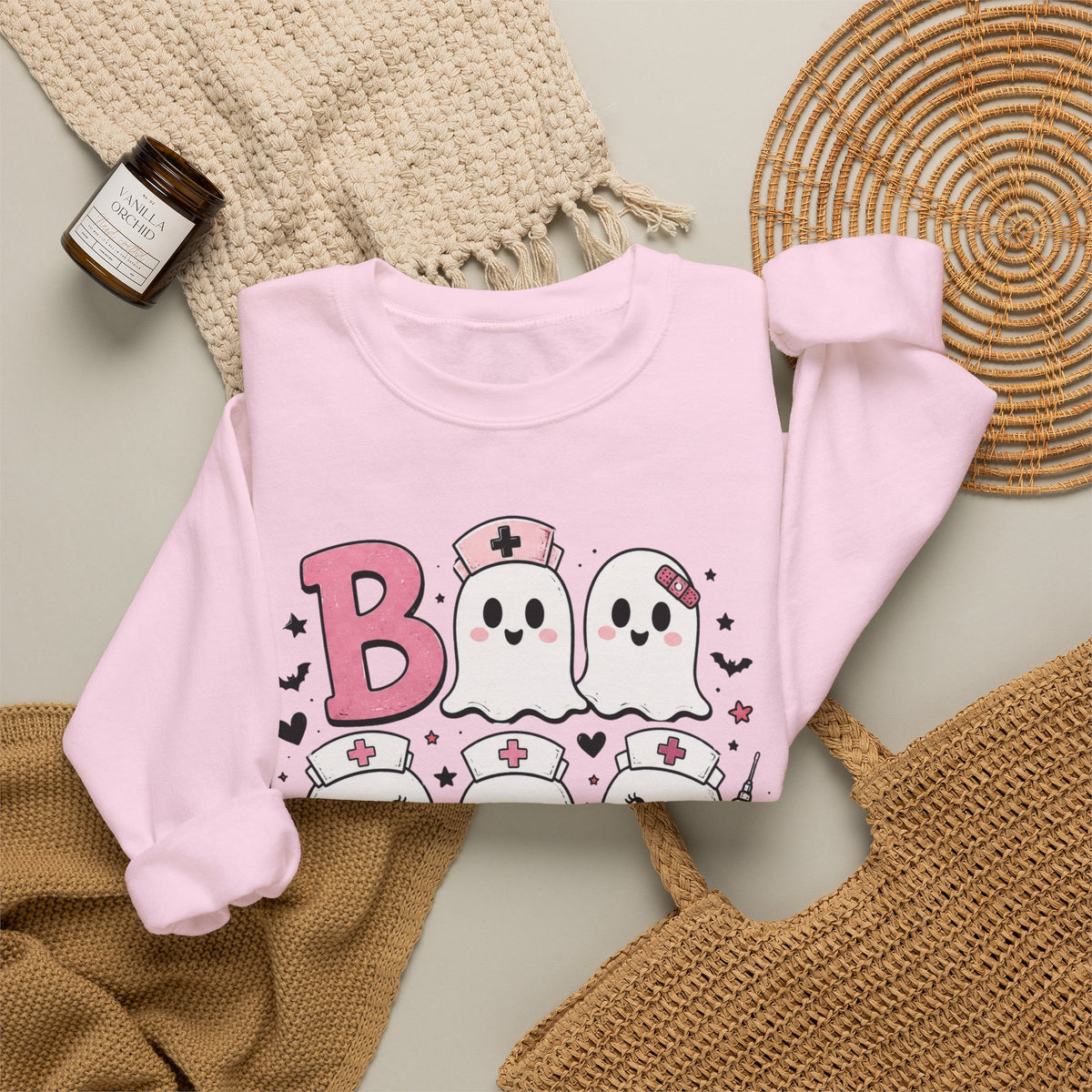 Boo Crew Sweatshirt — Cute Pink Ghost Nurse Halloween Crewneck