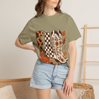 Fall Cowboy Boots T-Shirt — Pumpkin, Leaves & Floral Autumn Graphic Tee