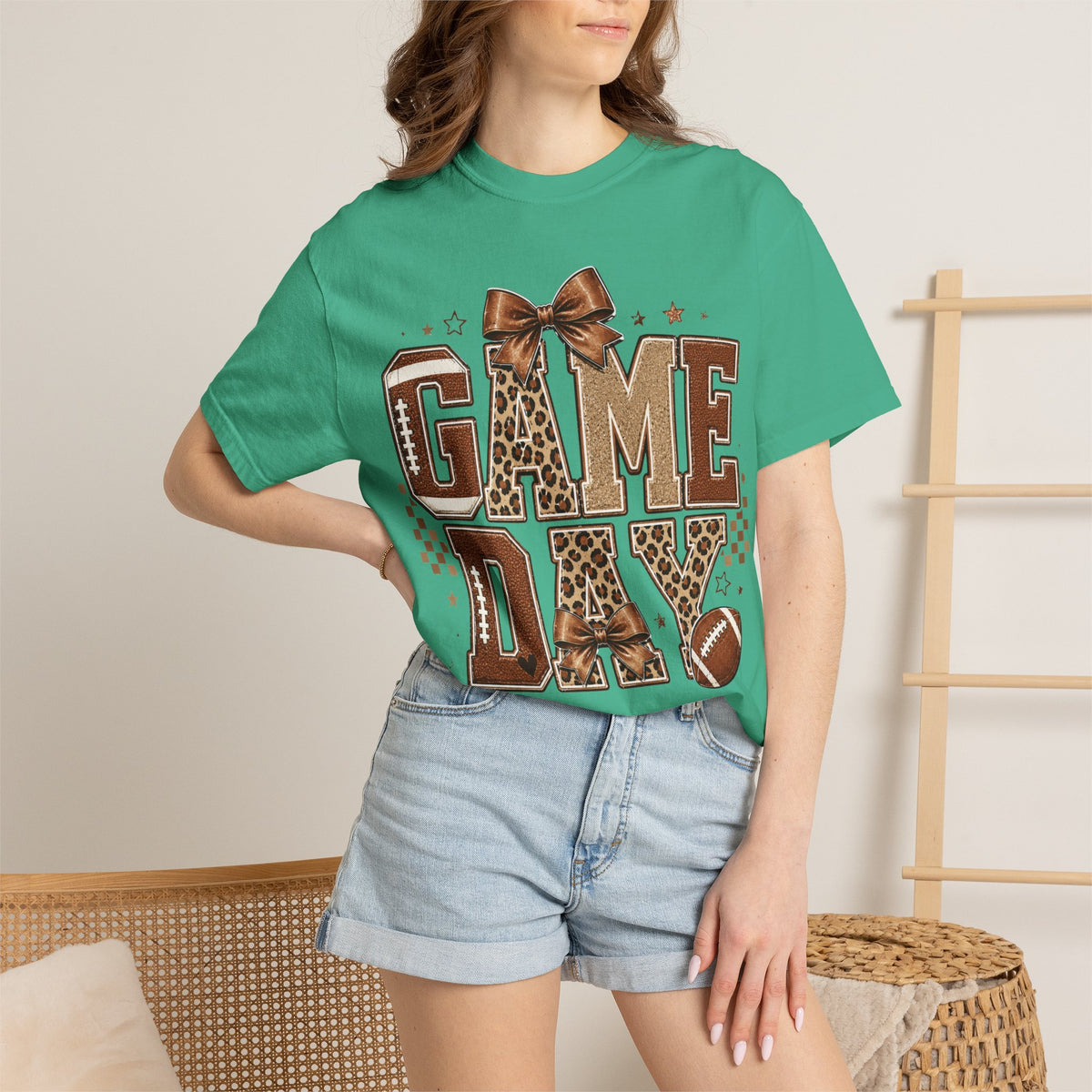 Game Day T-Shirt — Leopard Print Football Tee with Bow
