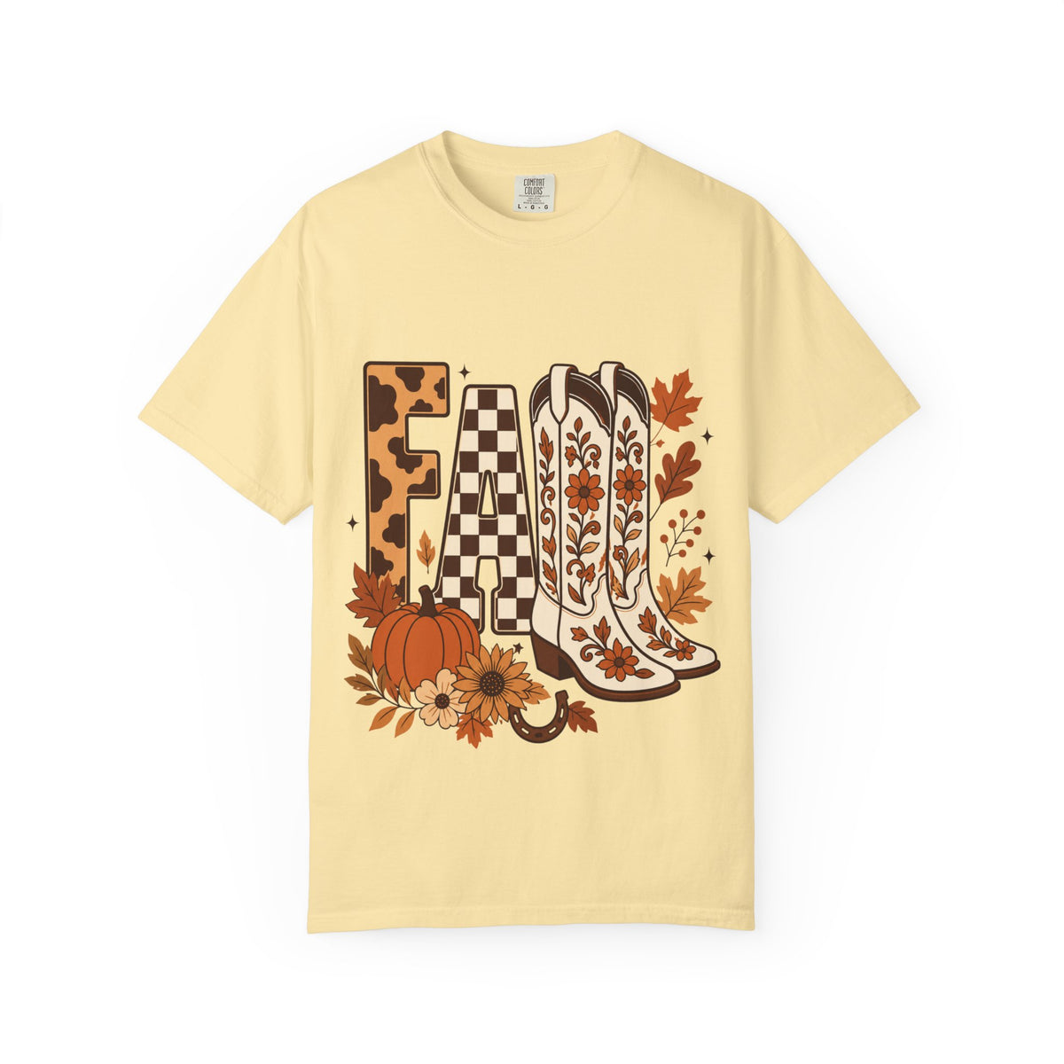 Fall Cowboy Boots T-Shirt — Pumpkin, Leaves & Floral Autumn Graphic Tee