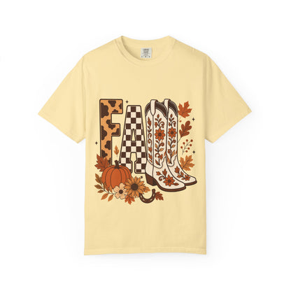 Fall Cowboy Boots T-Shirt — Pumpkin, Leaves & Floral Autumn Graphic Tee
