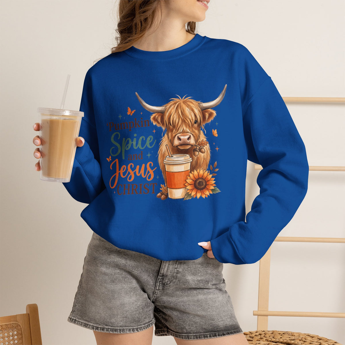 Crewneck Sweatshirt — Pumpkin Spice and Jesus Christ Highland Cow Fall Graphic