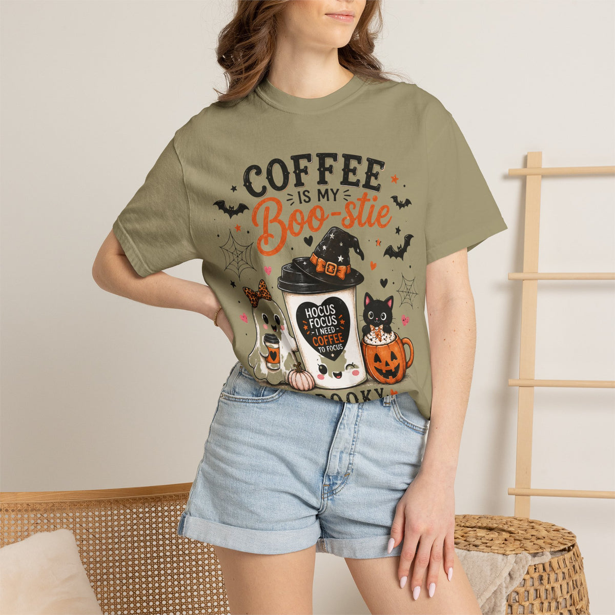 Coffee Is My Boo-stie Halloween Tee — Spooky But Caffeinated Cat & Pumpkin Design