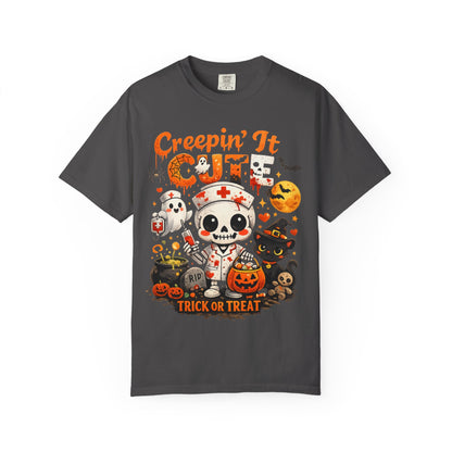Creepin' It Cute Halloween T-Shirt — Trick or Treat Skeleton & Black Cat Tee